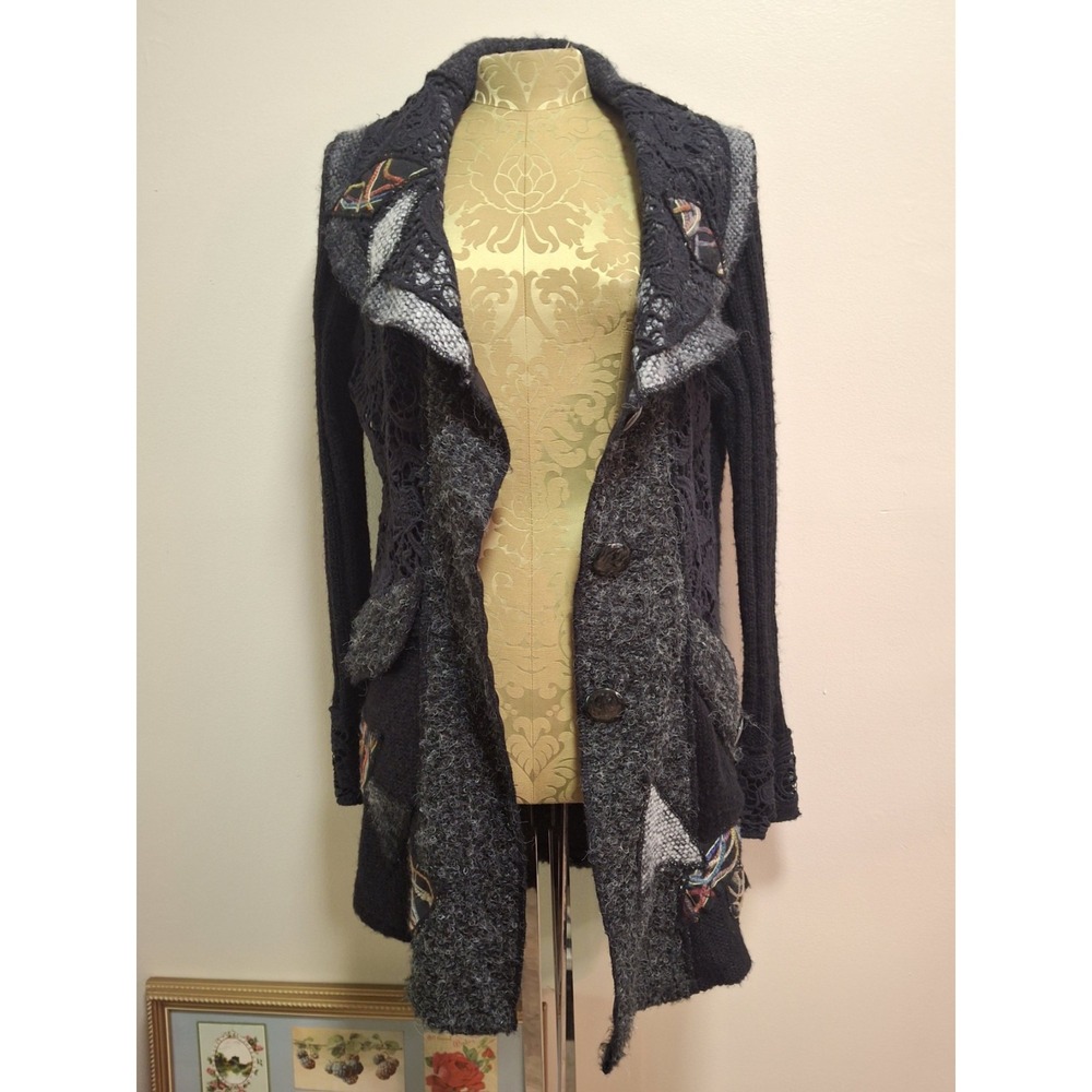Y2K Vintage Sioni Patchwork Wool Cardigan Sweater Black Gray Funky Boho Size PL
